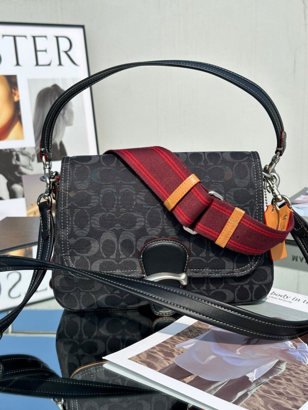 🖤Coach Dark Denim Tabby Handbag Red Strap Multi Wear Crossbody Shoulder Bag
